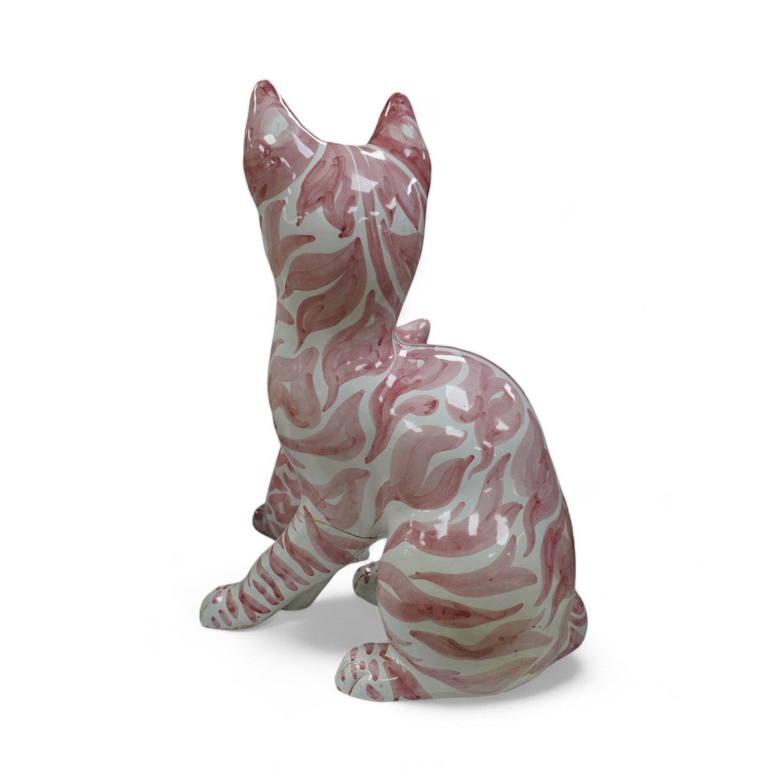 A large 1950's Italian pink maiolica seated cat and two smaller, largest 45cm. Condition - poor